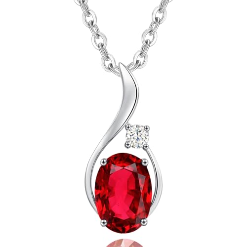 FANCIME Solide 14 Karat 585 Weiß Gold Anhänger Kette mit Elliptisch Synthetisch Rubin und 0.031ct echt Diamant, Feine Geschenk Schmuck für Damen Mädchen, 925 Silber Kette: 40 + 5 cm