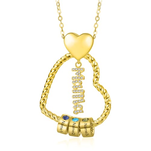 Kette Damen Geschenke für Mama - Personalisierte MAMA Kette mit 1–5 Namen Halskette Schmuck Charms Anhänger für Mutter Tochter Zum Geburtstag Weihnachten Muttertag (Herz-Gold-3 Namen 3 Geburtssteine)
