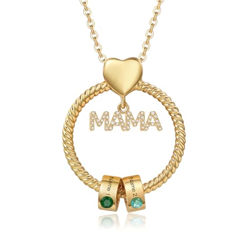 Kette Damen Geschenke für Mama - Personalisierte MAMA Kette mit 1–5 Namen Halskette Schmuck Charms Anhänger für Mutter Tochter Zum Geburtstag Weihnachten Muttertag (Gold-2 Namen 2 Geburtssteine)