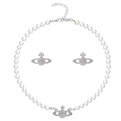 JEEJPV Saturn Kette,Perlenkette Damen Planet Kette Pearl Necklace für Beste Freundin Freundin Geburtstag Jahrestag Schmuck Geschenk