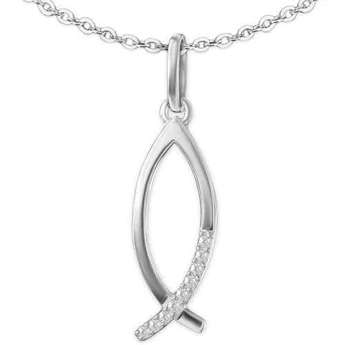 Clever Schmuck Set Silberner Damen Ichtys Anhänger 18 mm schmale schlichte Form Fisch Symbol viele Zirkonia glänzend und Kette Anker 45 cm STERLING SILBER 925