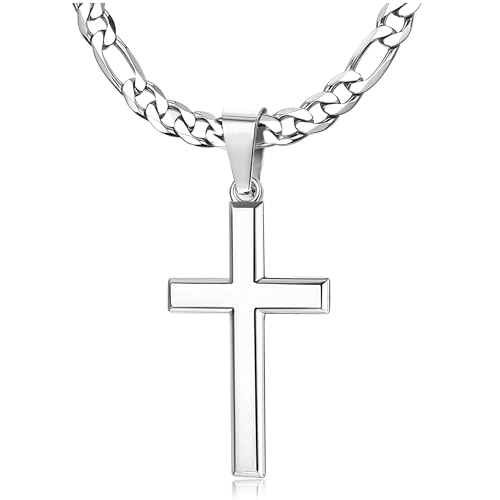 CASSIECA Kreuz Kette Herren Damen Edelstahl Kreuz Anhänger mit 5MM Figaro Kette Kreuz Halskette Silber 71CM Mit Geschenkbox
