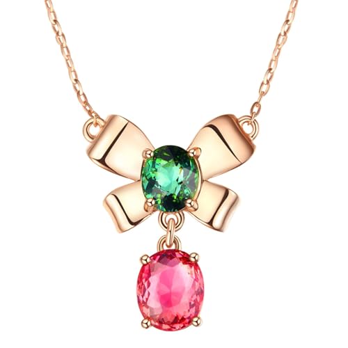 Bishilin Halskette Damen Rotgold 585, Kette 45CM Rosegold mit Anhänger Knoten mit Grün Rot Turmaline 2.8ct Halskette Personalisiert für Frauen