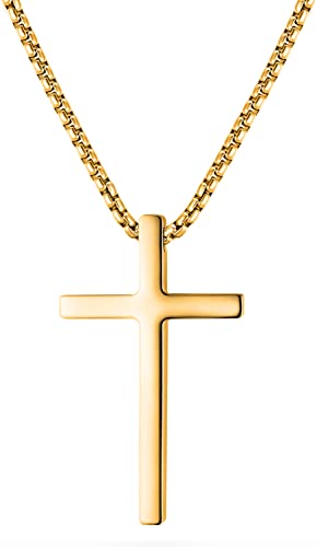day.berlin Herren Kreuzkette in Gold 18k vergoldet, Halskette 60cm lang mit Kreuz Anhänger groß (42x25mm), stabile Venezianer Kette aus 316L Edelstahl, nickelfrei und wasserfest