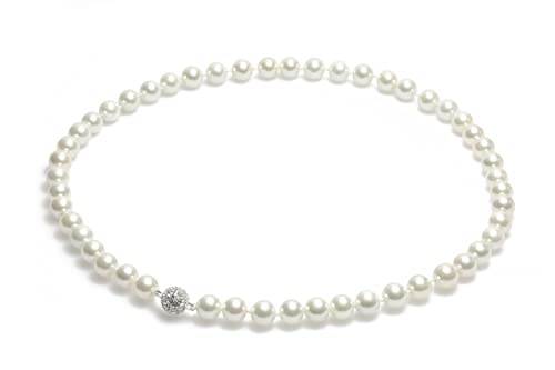 Schmuckwilli Perlenkette für Damen - 45cm Länge mit 8mm großen weißen runden Mallorca Perlen - Elegante Muschelkernperlen Kette für jeden Anlass