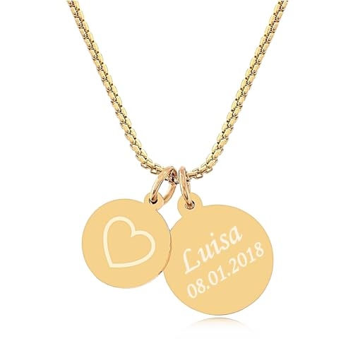 TIMANDO Damen personalisierte Kette mit Gravur, Namenskette, Halskette mit Namen, Familienkette, Anhänger Herz Unendlichzeichen Pusteblume Lebensbaum in goldfarben