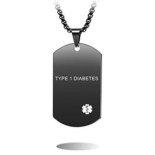 MOWOM Medical Warnen Dog Tag Anhänger Halskette Gravur Name Datum ID Edelstahl - Bundle mit 5 Artikel: Notfallkarte, Hülse, 2 Ketten, Schalldämpfer (Schwarz, Type 1 Diabetes)
