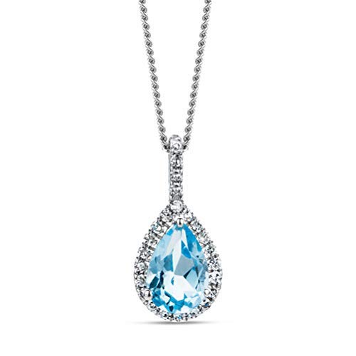 Miore 0.07 Ct Diamant Halskette Damen mit Tropfen Kettenanhänger Edelstein/Geburtsstein blauer Topas 0.47 Ct und Diamanten Brillanten kette aus Weißgold 9 Karat / 375 Gold