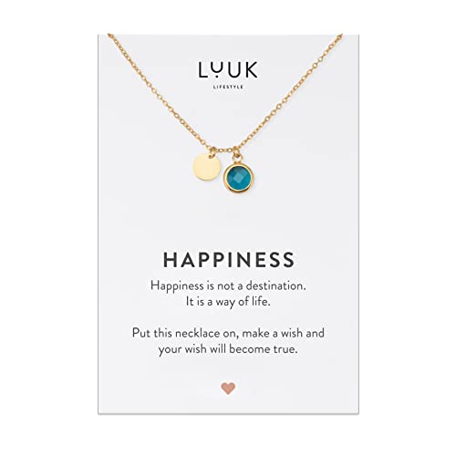 LUUK LIFESTYLE Filigrane Halskette mit blauem Glaskristall Anhänger, HAPPINESS Spruchkarte, Geschenkidee für Frauen, Statement Schmuck, Muttertag, Valentinstag, Gold