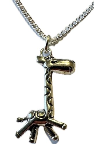 Giraffe Anhänger mit Silber Kette (Leder Kette Schwarz 42cm+5cm Verstellbar)