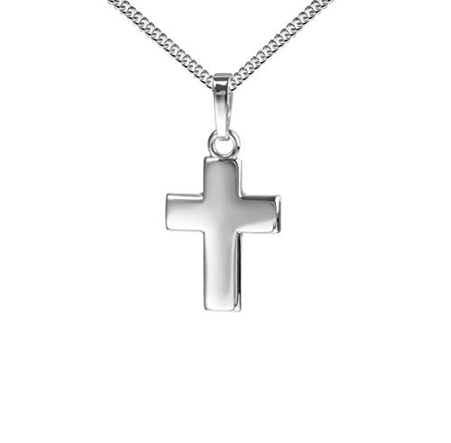 JEVELION Weiss-Gold-Kreuz Kreuz-Anhänger für Damen, Herren und Kinder mattiertes Kreuz mit strahlenförmiger Kreuz-Gravur als Kettenanhänger 585 Weissgold 14 Karat mit Panzer-Kette + Schmuck-Etui