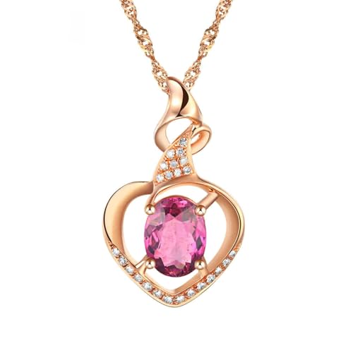 Bishilin Kette Rotgold Damen 585 Echtgold mit Anhänger, Halskette Herz mit Rot Turmalin 0.8ct und Diamant Kette 45CM Rosegold für Frauen