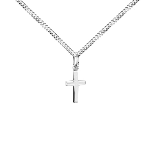 JEVELION Kreuz Kette Taufkreuz 585 Weißgold Kreuzanhänger 14 Karat hochglanz poliert – Kleiner Goldschmuck für Damen und Kinder. Mit Kreuzkette 925 Silber - Kettenlänge 60 cm.