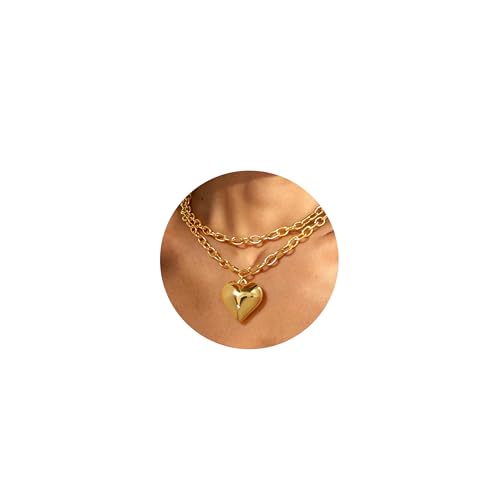 WOWORAMA Gold Herz Halskette für Frauen Doppel-Schicht Puffy Herz Anhänger Halskette Trendige Lange Chunky Statement Gold Halsketten