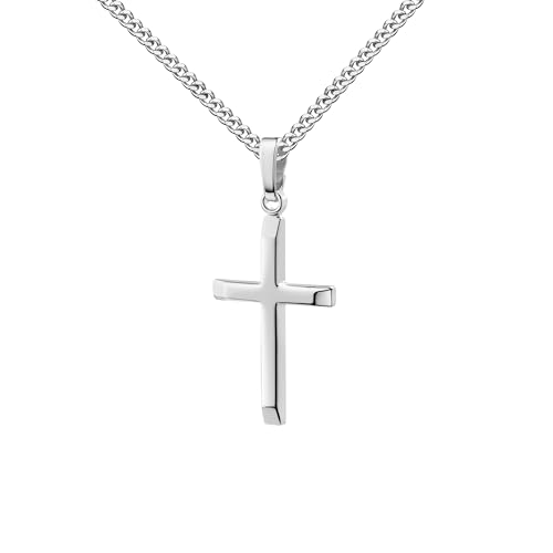 JEVELION Silberkette + 585 Weißgold Kreuzanhänger 14 Karat hochglanz poliert – Goldschmuck für Damen Mit Halskette 925 Silber - Kettenlänge 55 cm.