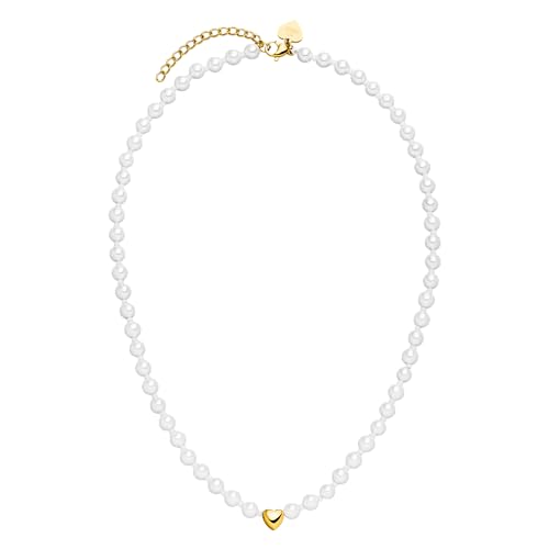 Purelei® Lovely Halskette, Damenhalskette aus Edelstahl mit Perlenmix, Wasserfeste Kette mit Herzanhänger, Lange Verstellbar 40-45 cm (Gold)