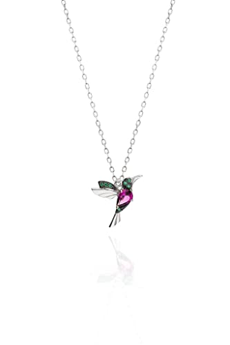 Einzelstück® Halskette mit Vogel Anhänger aus 925 Sterling Silber | Silberkette | grün pink Cubic Zirkonia (Kolibri Halskette Silber)