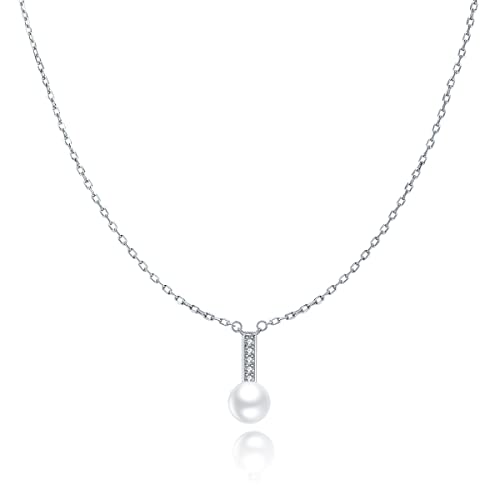 MARLION JEWELS Kette für damen in silber 925 mit einer weißen Perle und einem dezenten Zirkoniastab. Silberkette für damen ideal als Geschenk. Halskette für damen. Schmuck Damen (Versilberung)