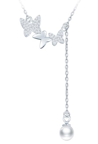 CPSLOVE Elegante Damen Schmetterling und Zirkonia Halskette 925 Sterling Silber Ketten mit Schmetterling Perlen Anhänger Kreative Mädchen Silber Kette