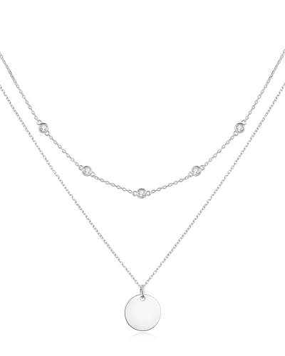 FANCIME Layered Kette Damen mit Plättchen Anhänger, 14K Weißgold Vergoldet Personalisierte Zarte Mehrreihige Halskette, 925 Sterling Silber Halskette Schmuck für Damen Mädchen