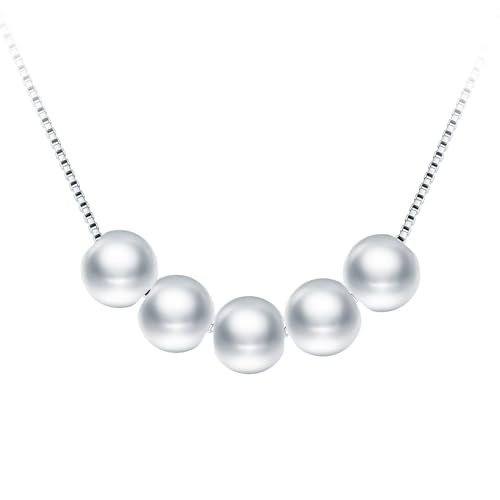 MICMIF Damen Kette Perlen Halskette 925 Silber, Fünf Perlen Anhänger mit Kastenkette, Silberkette 40+3 cm Schmuck für Frauen Mädchen