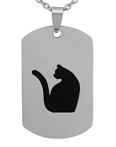 Hanessa Personalisierte Kette mit Gravur Edelstahl 50 cm mit Anhänger Dog Tag mit Katze in silber schwarz - Personalisierte Geschenke für Tierbesitzer Damen Herren - Halskette Kettenanhänger Katzen