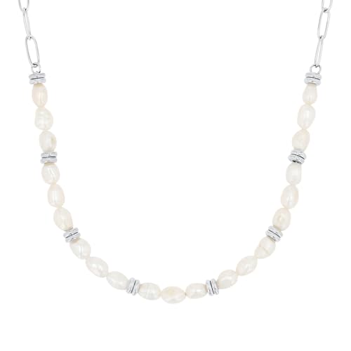 s.Oliver Kette mit Anhänger Edelstahl Damen Halsschmuck, mit Süßwasserzuchtperle, 42+3 cm, Weiß, Kommt in Schmuck Geschenk Box, 2039727