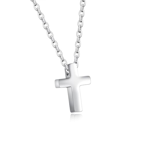 Kreuz Kette Damen, Kleines Kreuzkette Silber Damen Halskette mit Kreuzanhänger Edelstahl Kette mit Kreuz Anhänger Mini Silberkette mit Schmuck Geschenkbox für Kinder Jungs Mädchen Frauen