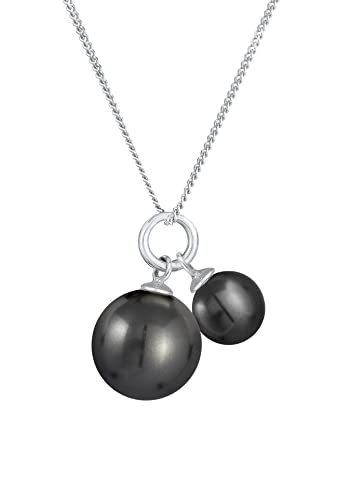 Damen Halskette mit Perlen Anhänger schwarz aus 925er Sterling Silber, Kette mit modernen Anhänger für Frauen, Silberkette mit runden Perlen(12 + 8 mm), Länge 45 cm