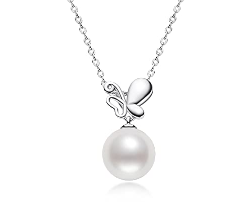 AINUOSHI Perlenkette Damen Halskette mit Schmetterling Anhänger 8-8.5mm Perlen Echte Süsswasserperlenkette Silberkette für Frauen Mama Weihnachten Geburtstagsgeschenk