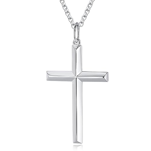 Solide 925 Sterling Silber mit Weiß Vergoldet Kreuz Anhänger mit Silber Kette für Herren Jungs Kinder - Kettenlänge: 60 cm