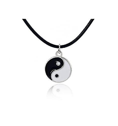 LAFATINA Herren Damen Halskette Edelstahl Tai Chi Yin und Yang Anhänger Schwarze Lederschnur Kette Kragen Halskette Halsband Halloween Schulabschluss