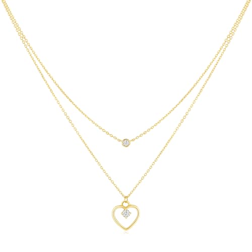 FANCIME Layered Kette Damen mit Minimalistischer Diamant Herz Anhänger aus Solide 14 Karat 585 Gold Minimalist Halskette Doppelkette Geschenk Schmuck für Mädchen, Verstellbar Kettenlänge: 40 + 5 cm