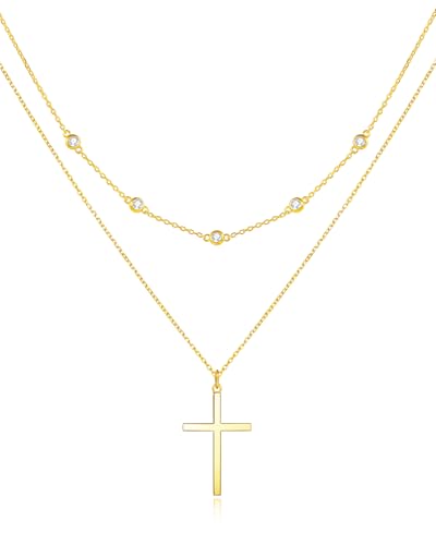 FANCIME Layered Kette Damen mit Kreuz Anhänger, 14K Gelbgold Vergoldet Personalisierte Zarte Mehrreihige Halskette, 925 Sterling Silber Halskette Schmuck für Damen Mädchen