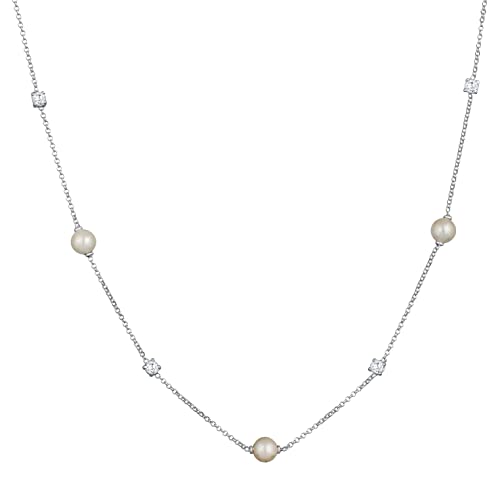 Damen Halskette mit Perlen Zirkonia Kristallen aus 925 Sterling Silber, Silberkette mit Muschelkernperlen (6 mm) und funkelnden Zirkonia Elementen, Länge 45 cm