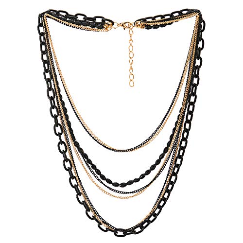 COOLSTEELANDBEYOND Choker Halsketten Statement Halskette Wasserfall Multi-Schichten Schwarz Gold Kette mit Edelsteine Perlenschnur