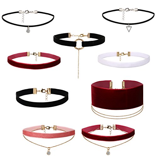 JewelryWe Schmuck 9 Stück Damen Choker Ketten Halskette Set Gothic Lederhalsband Velvet Kette Geschenk für Mädchen