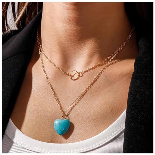 Inilbran Boho Geschichtet Türkis Herz Halskette Vintage Türkis Anhänger Halskette Herz Türkis Kreis Halskette Blau Naturstein Halskette Kette Schmuck Für Frauen Und Mädchen