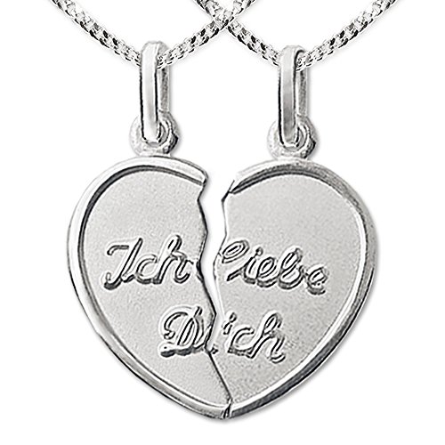 CLEVER SCHMUCK Set 2 Silberne Partneranhänger geteiltes Herz 20 mm Ich liebe dich innen matt, Rand und Schrift glänzend und 2 Ketten Panzer je 45 und 50 cm STERLING SILBER 925