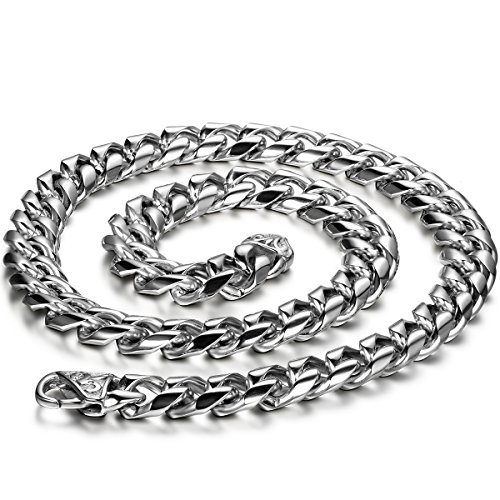 JewelryWe Schmuck Herren Halskette, Edelstahl, große schwere Fahrradkette Panzerkette Silber Kette, Breit 11mm 55cm