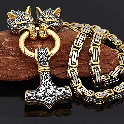 QQTQQ Männer Viking Wolf Kopf Anhänger Thors Hammer Halskette, Retro nordischen Edelstahl Amulett Schmuck, handgemachte schwere Königskette,Gold-60cm