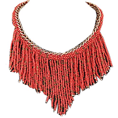 YAZILIND Bohemian Perlen Quaste Kragen Ethno-Stil übertrieben klobige Halskette Damen Pullover Kette Schmuck(Rosa)