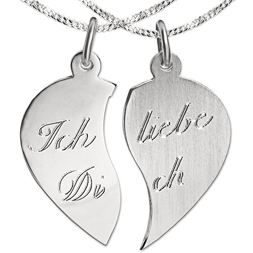 CLEVER SCHMUCK Set 2 Silberne geteilte Mini Damen Herren Partneranhänger kleines Herz geteilt 17 mm Ich liebe Dich & 2 Ketten Panzer 45 cm STERLING SILBER 925 im Etui Ich liebe Dich