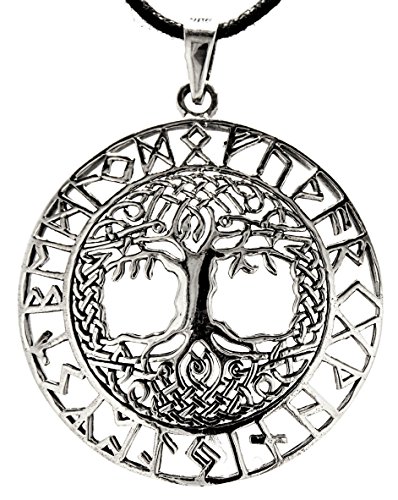 Kiss of Leather Großer Lebensbaum Anhänger mit Runen aus 925 Sterling Silber, mit Silberkette 41-66 cm (66) SI.210