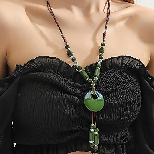 Bysonglezai Halskette Damen Anhänger Pulloverkette Langkettige Frauen Vintage Ethno-Stil Pullover Kette Seil Keramik Halskette Für Frauen Schmuck Weibliche Anhänger Halskette Greennecklace