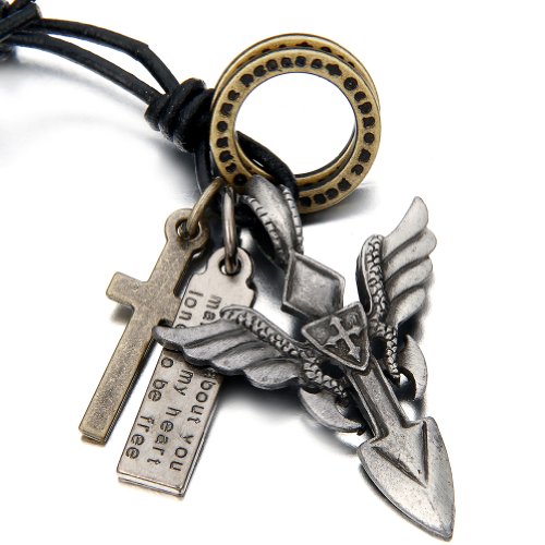 JewelryWe Schmuck Leder Halskette Armee Hundmarke Dog Tag Kreuz Anker Anhänger Herren Kette Partnerkette Lederkette 40-80cm Erstellbar