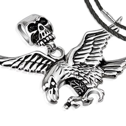 BlackAmazement Anhänger Adler Eagle Skull Totenkopf Edelstahl Biker Lederband Halskette (Anhänger mit Lederkette)