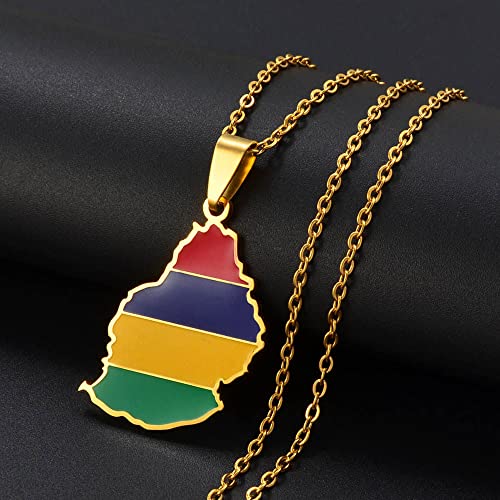 MTCDBD Mauritius-Karten-Halskette Für Unisex-Schmuck, Mauritius-Karten-Anhänger Mit Flagge, Partykleid-Accessoires, Ethno-Stil, Charm-Patriotisches Symbol-Halsketten-Geschenk, Gold, 45 cm Lange Kette