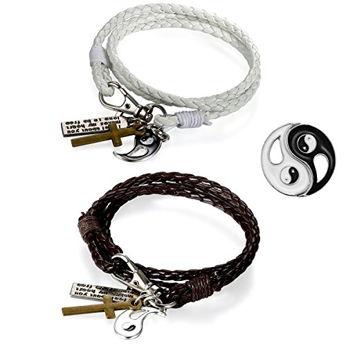 JewelryWe Pärchen Lederarmband Yin Yang: 2PCS Herren Damen Leder Armband Retro Tai Chi Yin und Yang Kreuz Schrift Tag Geflochten Lederkette Armreif Lieben Valentinstag Paar Geschenk, Braun Weiß