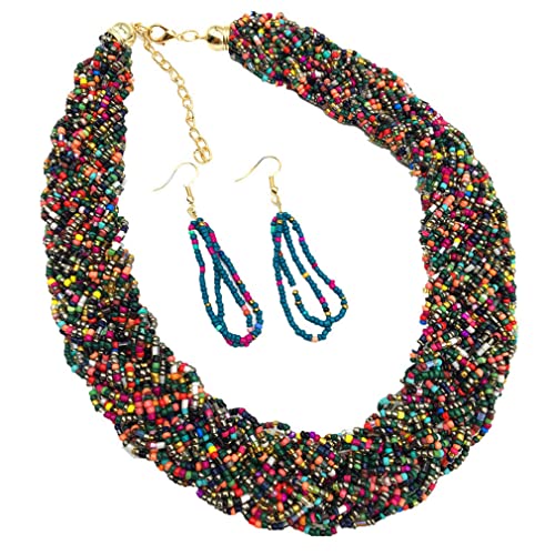 YAZILIND Ethno-Stil bunte Perlen geflochtene Kette Halskette Ohrringe handgefertigt übertriebenes Schmuckset (#2)